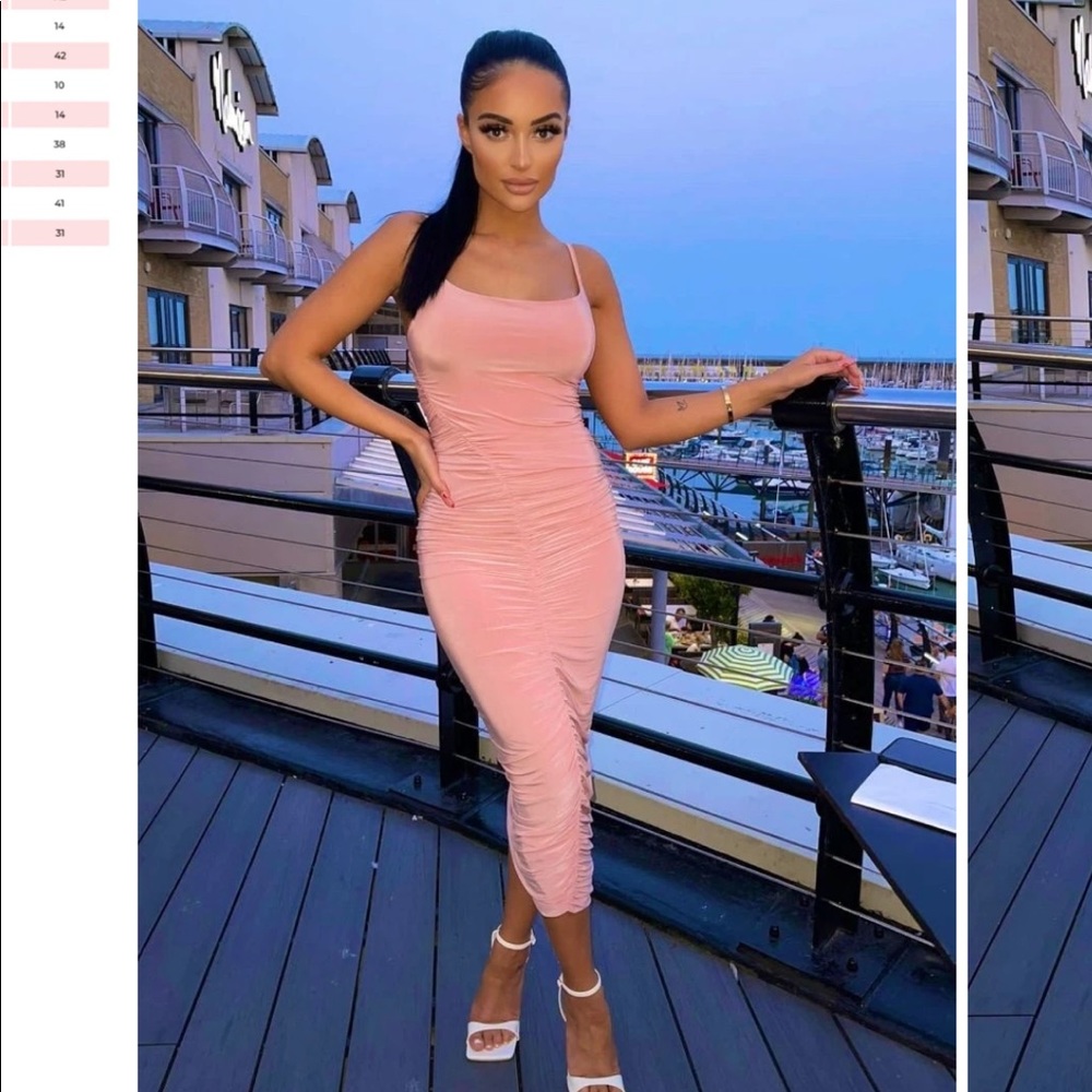 Pink slinky ruched side cami strap midi dress